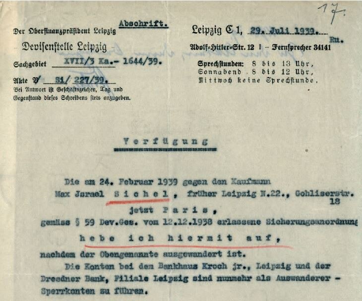 Umwandlung der Bankkonten in »Auswanderer-Sperrkonten« nach der Vertreibung, 29. Juli 1939 (SächsStA-L, 20031 Polizeipräsidium Leipzig, Nr. PP-S 3596)