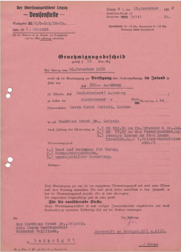 Genehmigung der Devisenstelle für Zahlungen aus einem Sperrkonto, 28. November 1938 (SächsStA-L, 20206 Oberfinanzpräsident Leipzig, Nr. 452)