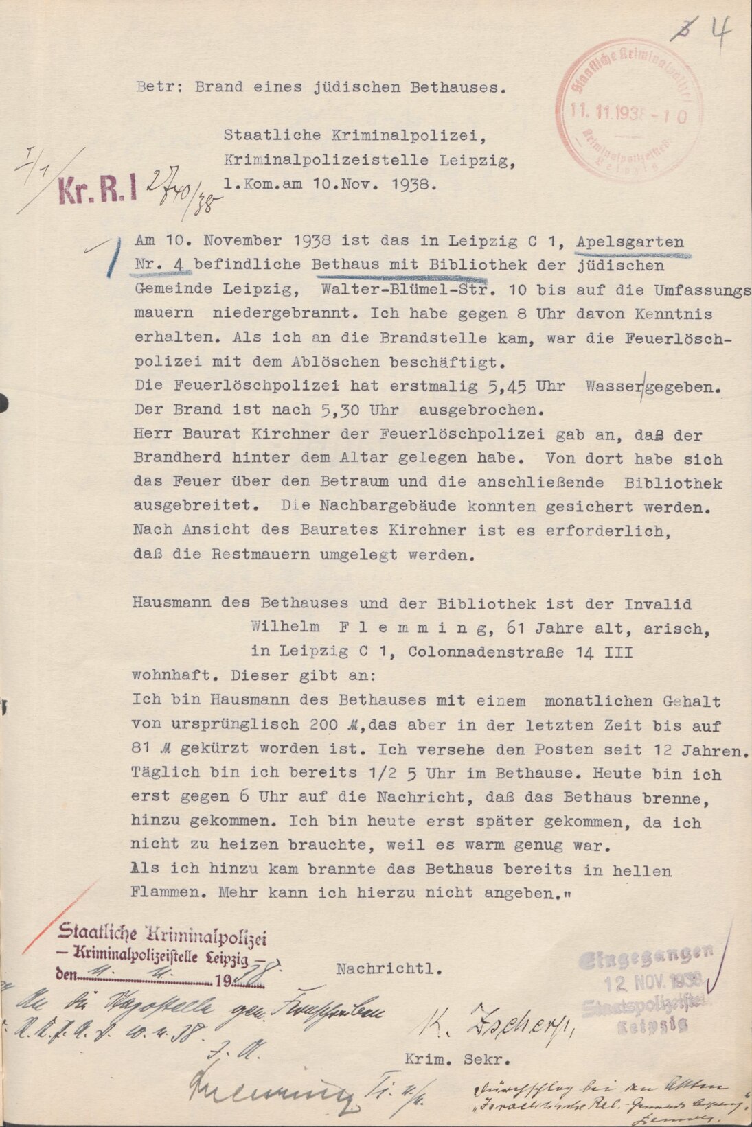 Bericht der Kriminalstelle Leipzig an die Gestapo über den Brand eines jüdischen Bethauses in der Pogromnacht, 10. November 1938 (SächsStA-L, 20031 Polizeipräsidium Leipzig, Nr. PP-V 4458)