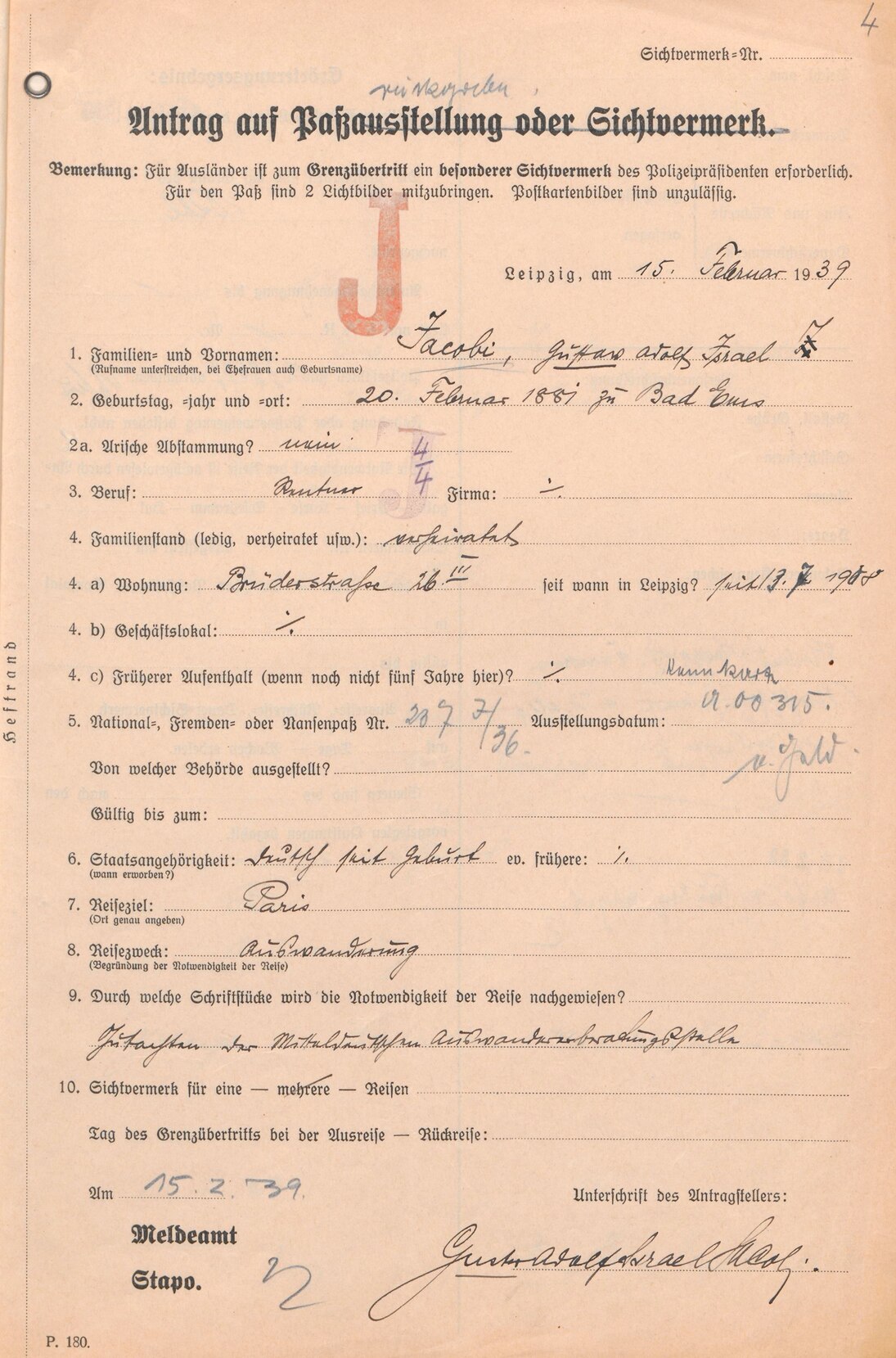 Passantrag für Gustav Adolf Jacobi zur Auswanderung nach Frankreich, 15. Februar 1939 (SächsStA-L, 20031 Polizeipräsidium Leipzig, Nr. PP-S 1364/23)