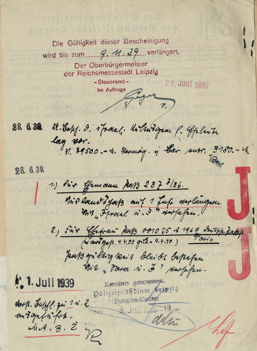 Verfügung des Polizeipräsidiums Leipzig zur Passerteilung, 28. Juni 1939 (SächsStA-L, 20031 Polizeipräsidium Leipzig, Nr. PP-S 1364/23)
