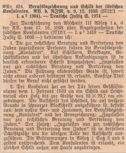 Bestimmungen zur Berufsbezeichnung jüdischer Konsulenten, 9. Dezember 1938 (SächsStA-L, 20124 Amtsgericht Leipzig, Nr. 31)