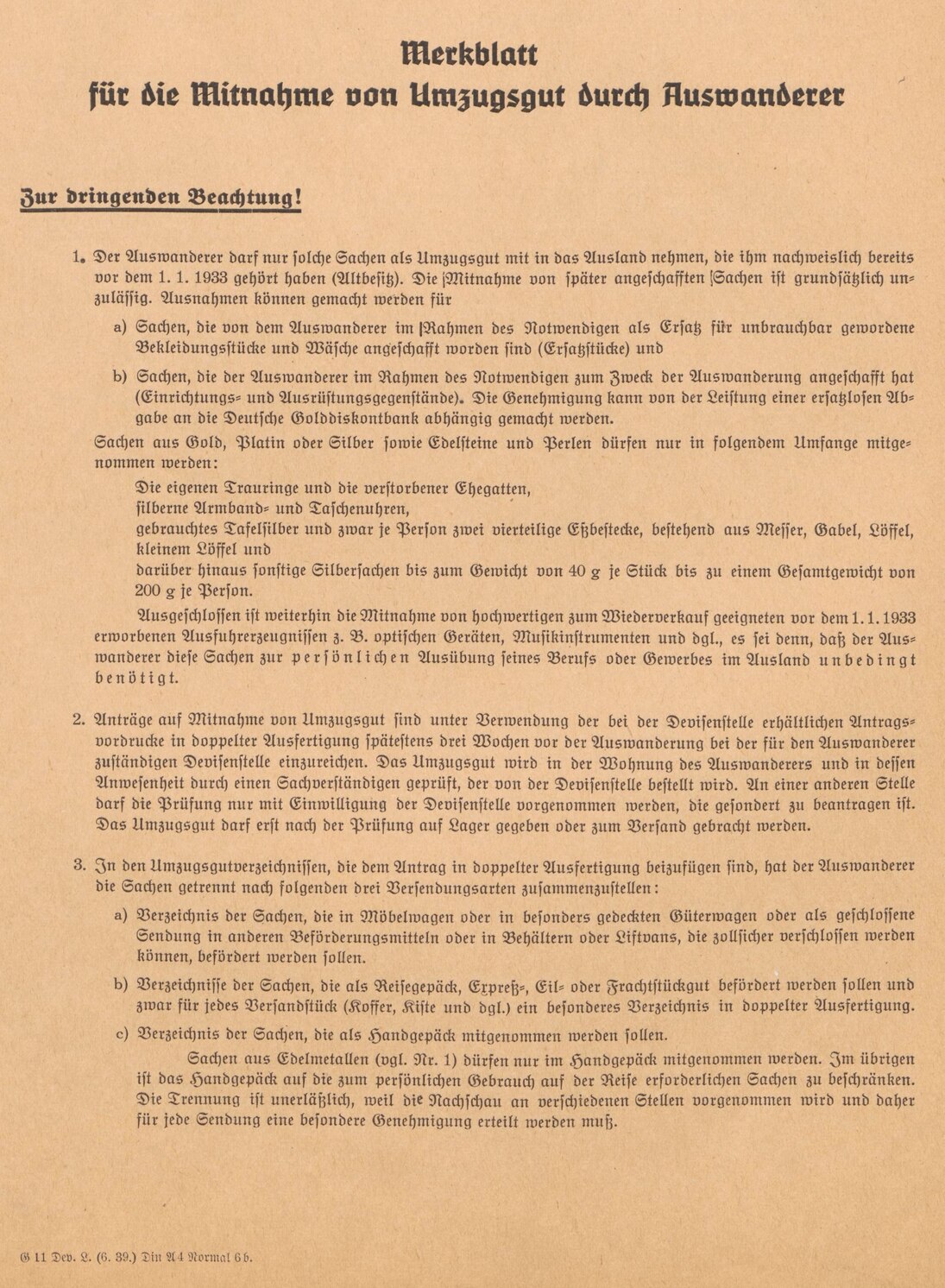 Merkblatt über »Umzugsgut« für jüdische Auswanderer, Dezember 1938 (SächsStA-L, 20206 Oberfinanzpräsident Leipzig, Nr. 1663)