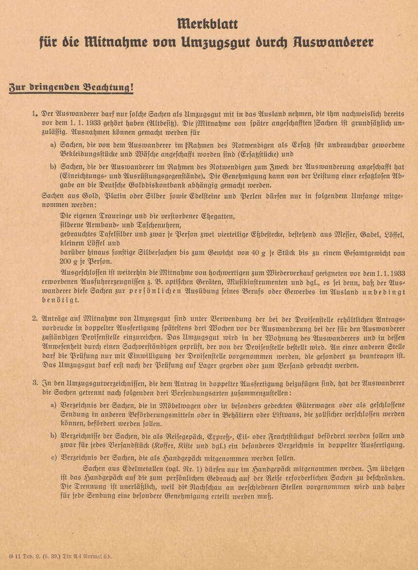 Merkblatt über »Umzugsgut« für jüdische Auswanderer, Dezember 1938 (SächsStA-L, 20206 Oberfinanzpräsident Leipzig, Nr. 1663)