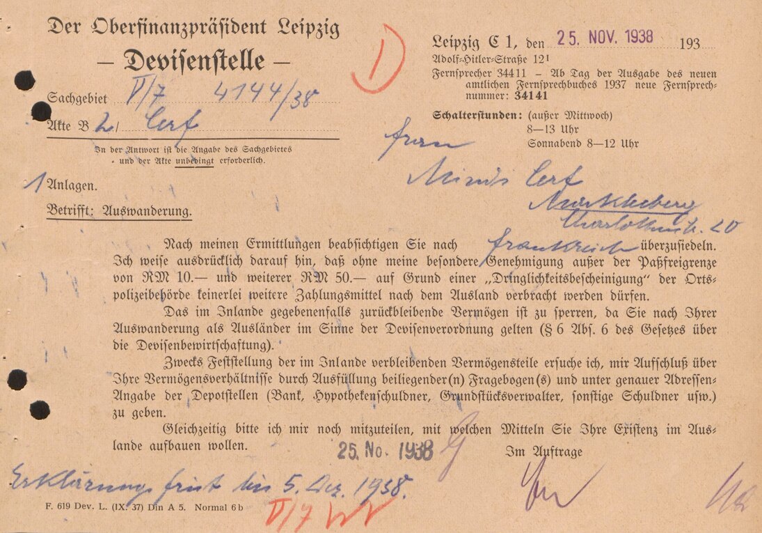 Erhebung der Auswandererabgaben durch die Devisenstelle Leipzig, 25. November 1938 (SächsStA-L, 20206 Oberfinanzpräsident Leipzig, Nr. 165)