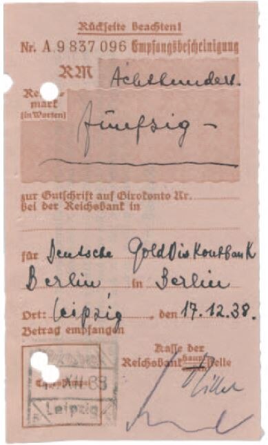 Entrichtung der »Dego-Abgabe« durch Mindi Cerf, Dezember 1938 (SächsStA-L, 20206 Oberfinanzpräsident Leipzig, Nr. 165)