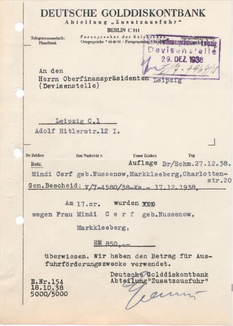 Entrichtung der »Dego-Abgabe« durch Mindi Cerf, Dezember 1938 (SächsStA-L, 20206 Oberfinanzpräsident Leipzig, Nr. 165)
