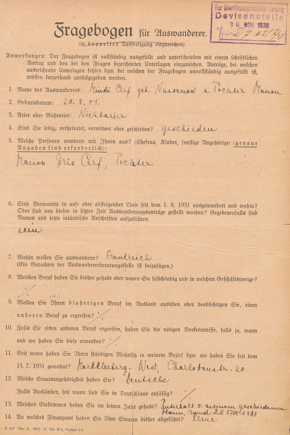Fragebogen zur Auswanderung von Mindi Cerf und ihrer Tochter für die Finanzbehörden, 29. November 1938 (Vorderseite) (SächsStA-L, 20206 Oberfinanzpräsident Leipzig, Nr. 165)