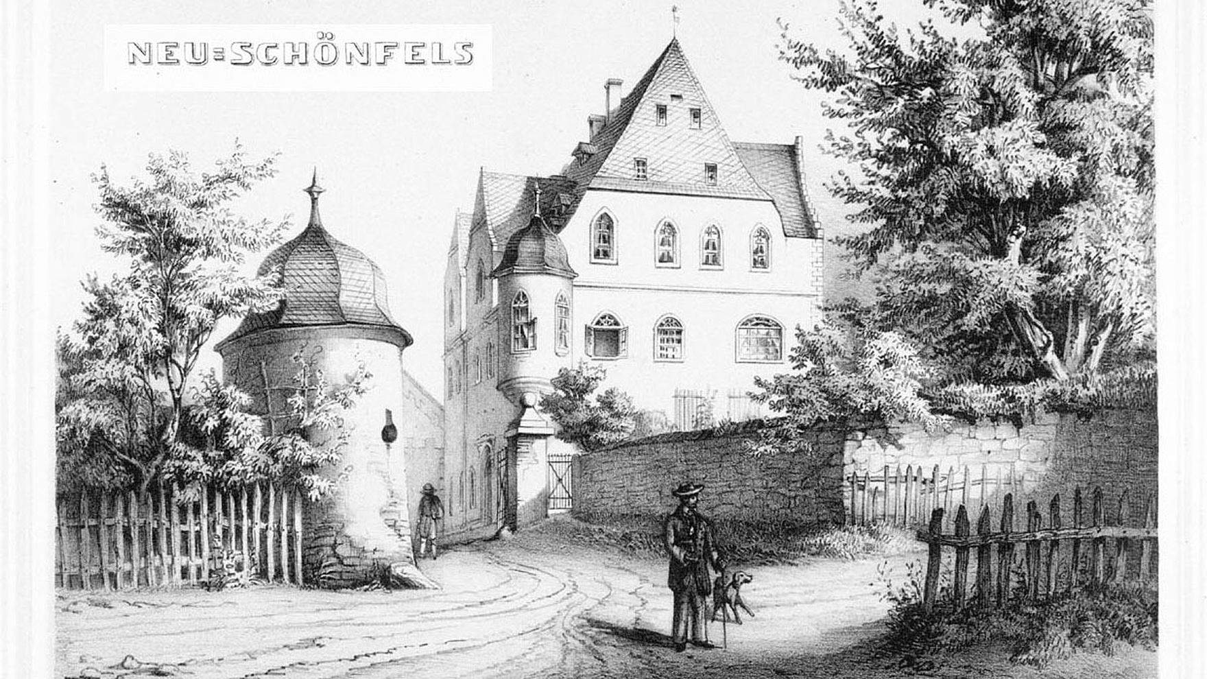 Ansicht von Neuschönfels, Mitte 19. Jh., aus: G. A. Poenicke, Album der Rittergüter und Schlösser des Königreichs Sachsen, Leipzig 1860