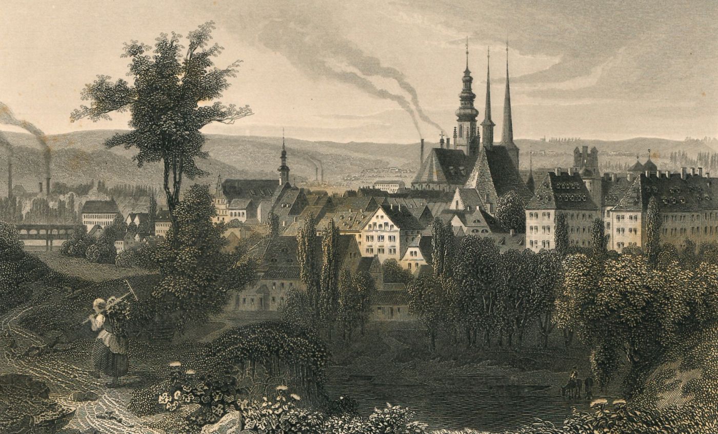 Stadtansicht Zwickau, um 1850 (Sächsisches Staatsarchiv, Hauptstaatsarchiv Dresden, 12884 Karten und Risse, Schr 003, F 043, Nr 128), © gemeinfrei