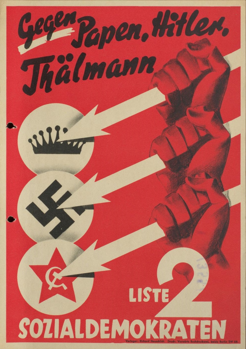 Wahlplakat der Sozialdemokratischen Partei Deutschlands, 1932; Plakat: Richard Hauschildt (Sächsisches Staatsarchiv, Staatsarchiv Chemnitz, 33230 SED-Bezirksleitung Karl-Marx-Stadt, Sammlung Plakate, Nr. P 167), © gemeinfrei