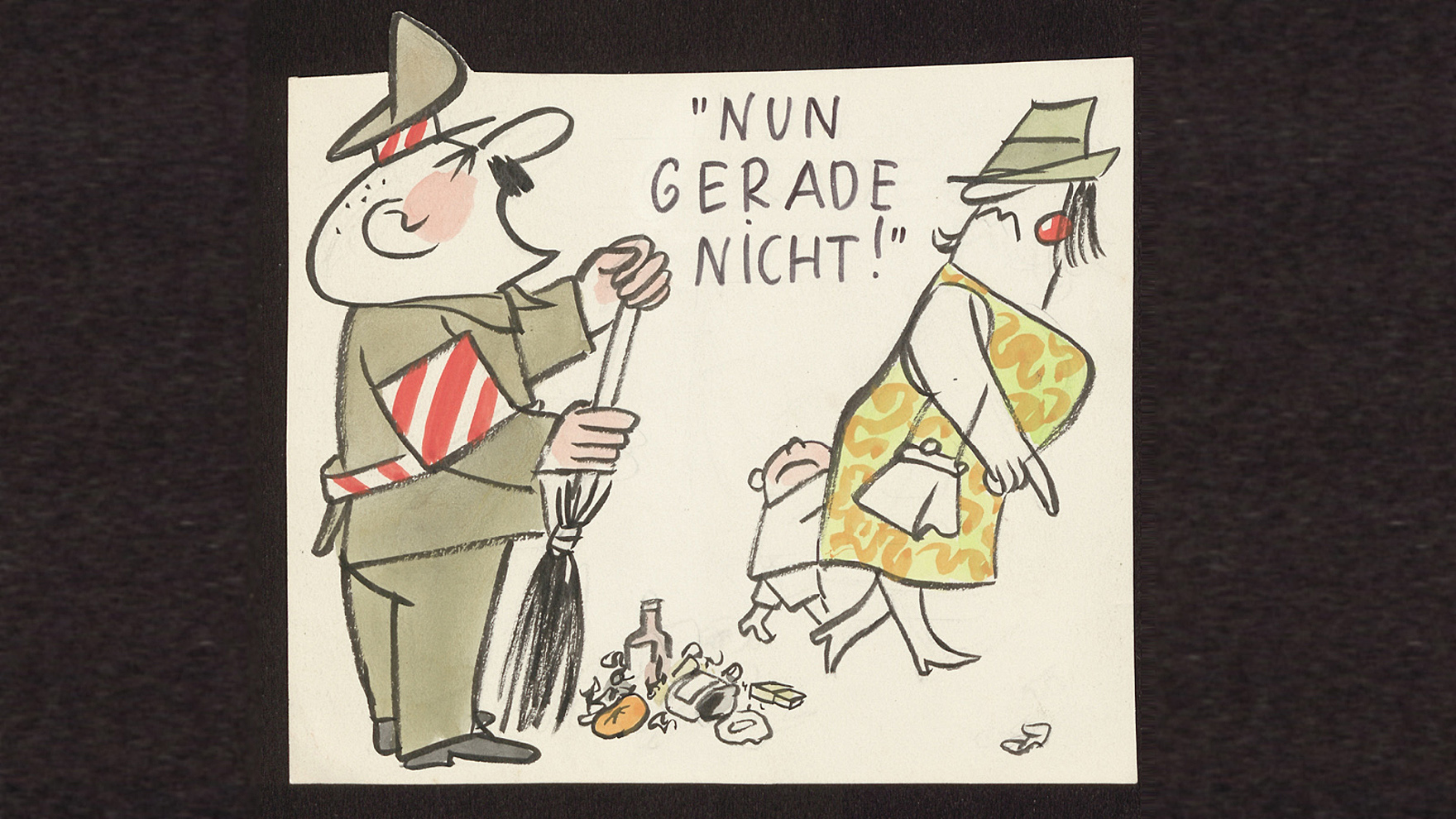 Karikatur »Alfred, der Straßenkehrer«, zwischen 1960/1970 (Sächsisches Staatsarchiv, Staatsarchiv Leipzig, 22206 Nachlass Gerhard Brinkmann, Nr. 602), © Nutzungsrechte: Sächsisches Staatsarchiv, Karikatur: Gerhard Brinkmann