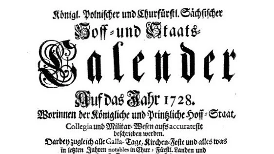 Der Scan zeigt den Schriftzug Königlich Polnischer und Kurfürstlich Sächsischer Hof- und Staatskalender.