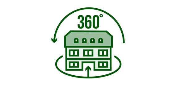 Die Grafik zeigt eine Gebäudesilhouette mit 360-Grad-Pfeilen.