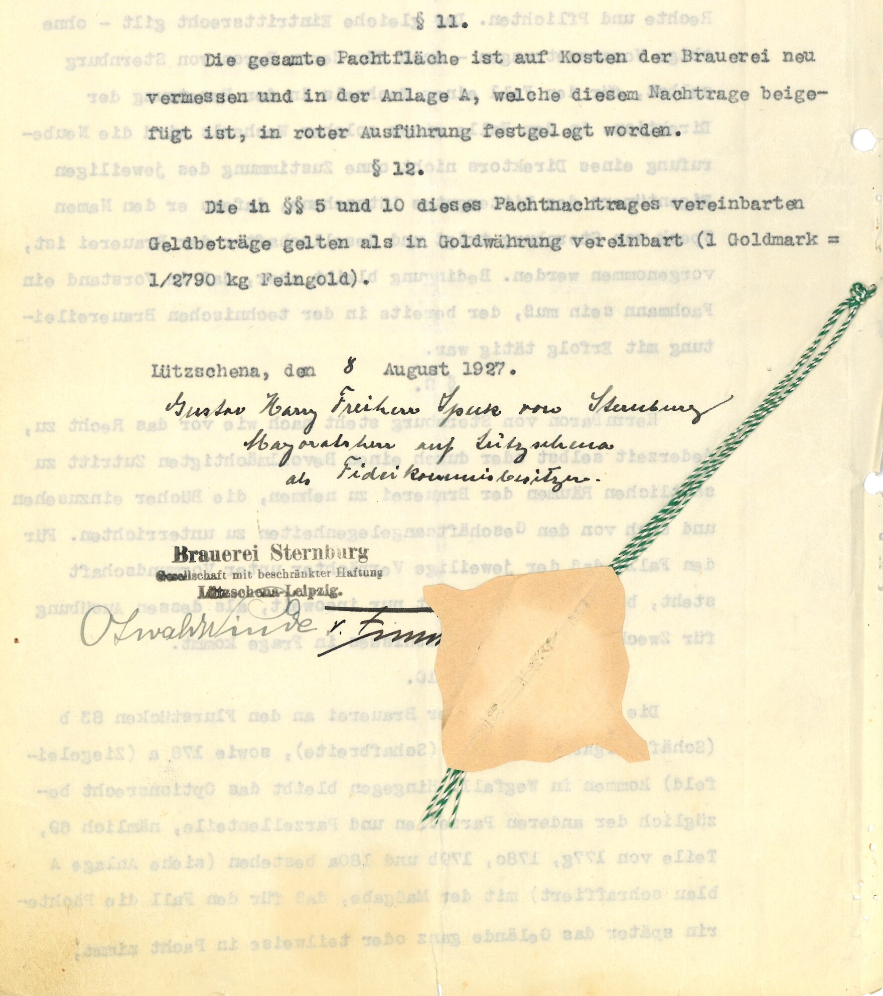 Pachtvertrag zwischen Gustav Harry Speck von Sternburg und der Brauerei Sternburg GmbH, 1927